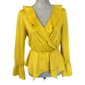 BCBG MaxAzria Ruffle Faux Wrap Bell Sleeve Blouse Top XS